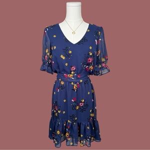 Express Blue Mini Dress with V-Neck and Flutter Sleeves